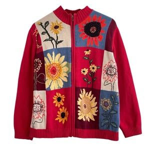 Vintage Tabi Embroidered Flower Cardigan Sweater Size Large 80s 90s Grandma